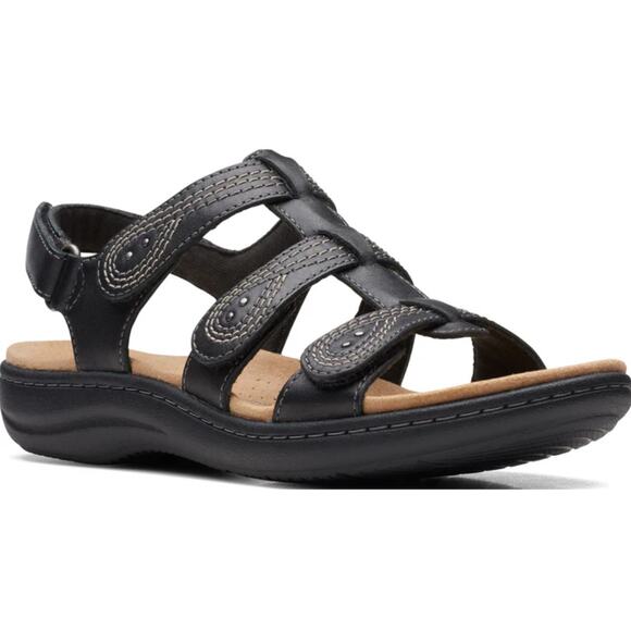 NEW Clarks Laurieann Vine Strappy Sport Sandals Black Leather Size 7M - Picture 1 of 7